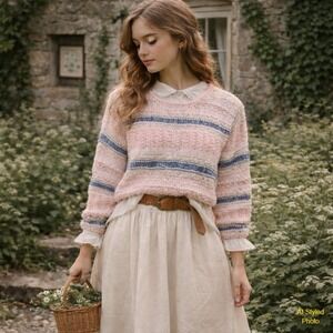 Liz Claiborne Lizwear Cottagecore Hand Knit Silk Blend Striped Sweater Women's M